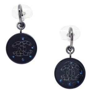 Chanel Button Dangle Pierced Earrings Black 06A 135276